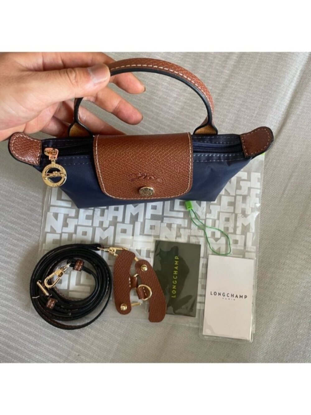 Longchamp navy nylon mini tote with brown leather flap and handle - Picture 5 of 5